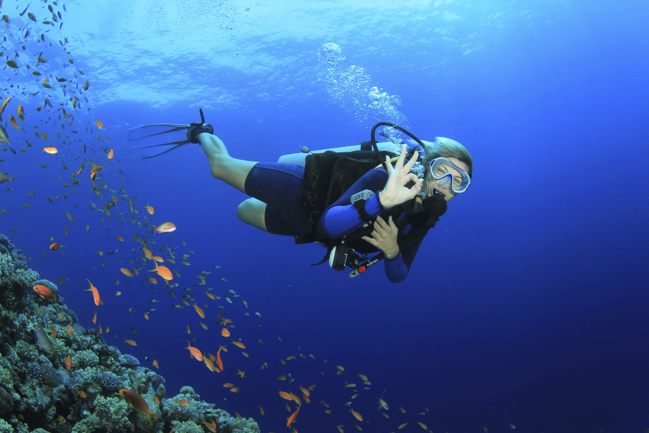 Woman scuba diving on a coral reef